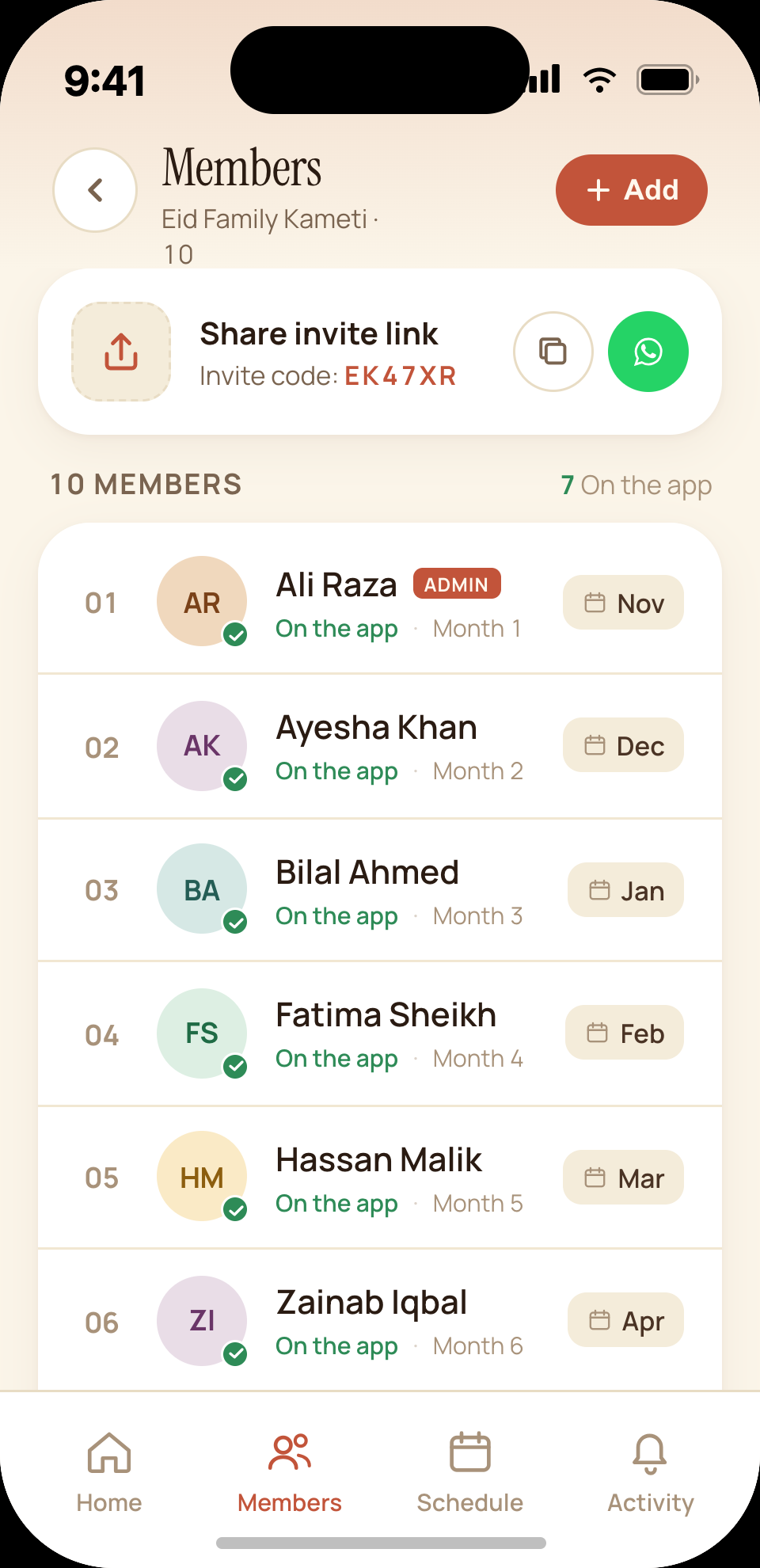 Members list screen