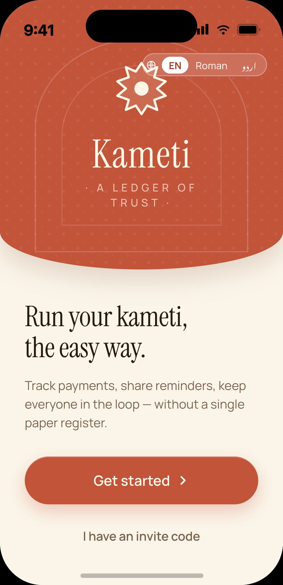 Kameti app dashboard showing this month's payout and member status